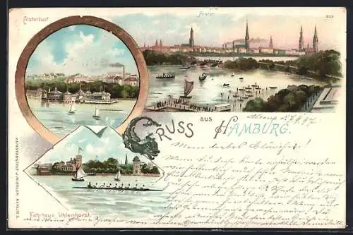 Lithographie Hamburg, Alsterlust, Fährhaus Uhlenhorst, Blick über die Alster