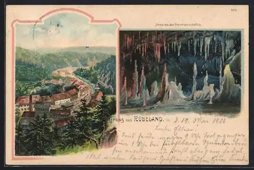 Lithographie Rübeland, Inneres der Hermannshöhle, Ortsansicht