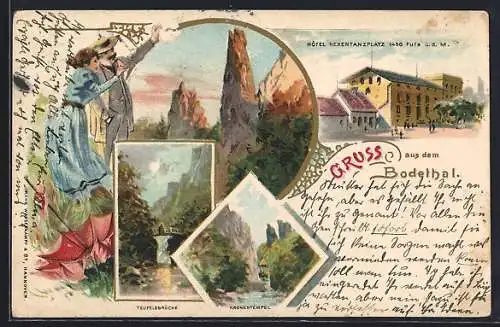 Lithographie Thale, Hotel Hexentanzplatz, Teufelsbrücke, Kronentempel