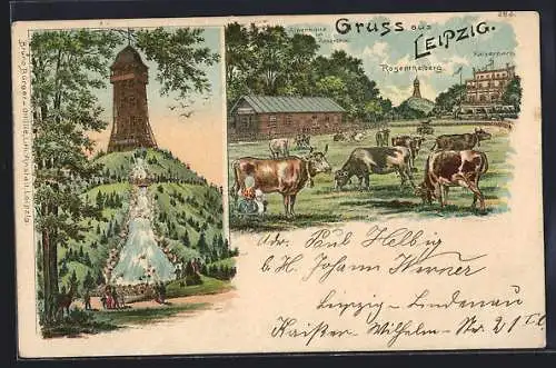 Lithographie Leipzig, Blick auf den Scherbelberg, Alpenhütte im Rosental, Kaiserpark