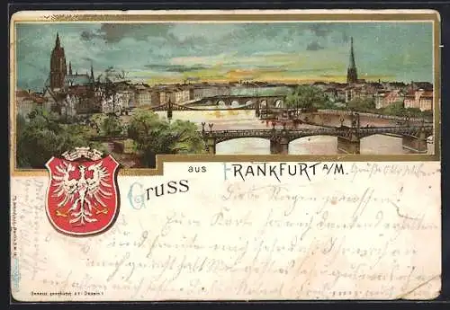 Lithographie Frankfurt, Panorama über den Main mit Brücken und Wappen