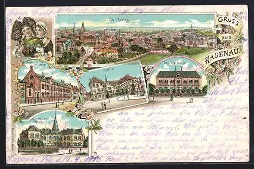 Lithographie Hagenau, St. Georg-Schule, Hospital, St. Nicolaus-Schule