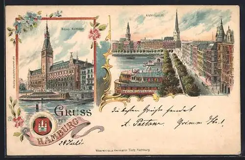 Lithographie Hamburg, Neues Rathhaus, Alsterdamm aus der Vogelschau