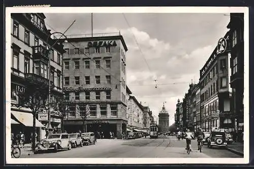 AK Mannheim, Planken, Cafe u. Konditerei Kossenhaschen, Strassenbahn