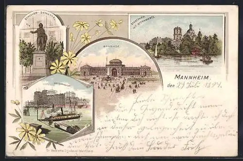 Lithographie Mannheim, Schiller-Denkmal, Bahnhof, Hafenansicht, Stadtpark