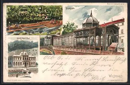 Lithographie Wildbad / Schwarzwald, König-Karl-Bad, Trinkhalle, Flusspartie mit Flössern