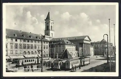 AK Karlsruhe, Platz mit Strassenbahnen