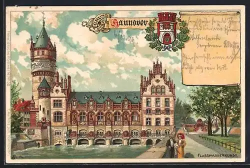 Lithographie Hannover, Ortspartie mit Schloss, Flusswasserkunst