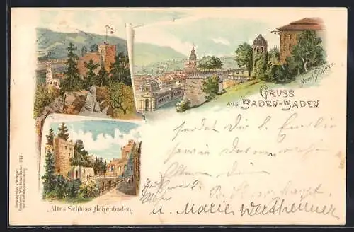 Lithographie Baden-Baden, Neues Schloss und Altes Schloss Hohenbaden