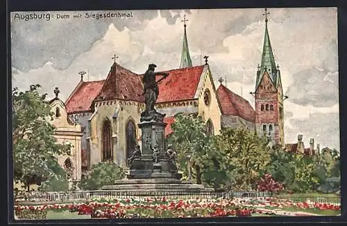 Künstler-AK Augsburg, Dom mit Siegesdenkmal