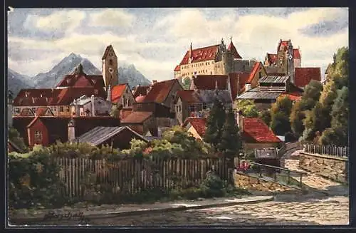 Künstler-AK V.Marschall: Füssen am Lech mit Aggenstein und Rossberg