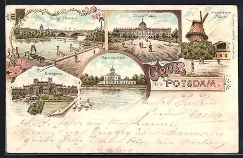 Lithographie Potsdam, Neues Palais, Orangerie, Historische Windmühle