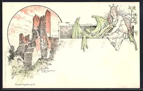 Lithographie Königswinter, Drachenfels, Prinzessin mit Drachen