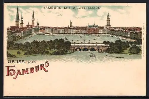 Lithographie Hamburg-St.Georg, Panorama mit Alsterbassin