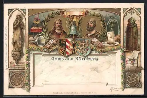 Passepartout-Lithographie Nürnberg, A. Dürer und P. Vischer, Veit Stoss Madonna, Eiserne Jungfrau