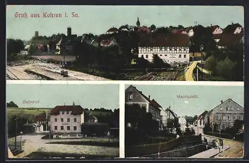 AK Kohren, Bahnhof, Totalansicht, Marktplatz