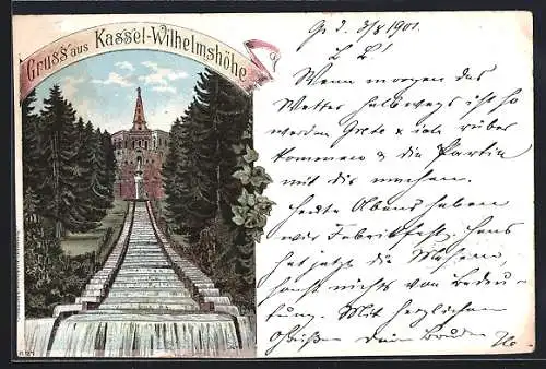 Lithographie Kassel-Wilhelmshöhe, Wasserfall