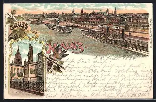 Lithographie Mainz, Teilansicht mit Dampfer, Gutenberg-Denkmal