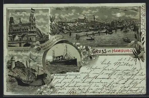 Mondschein-Lithographie Hamburg, Schiffswerft, Schnelldampfer Normannia, Altes Hamburger Schiff