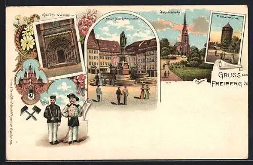 Lithographie Freiberg i /S., Neuer Marktbrunnen, Jakobikirche, Donatsturm