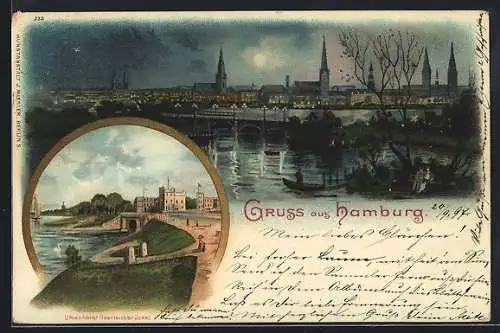 Lithographie Hamburg-Uhlenhorst, Panorama, Feenteichbrücke