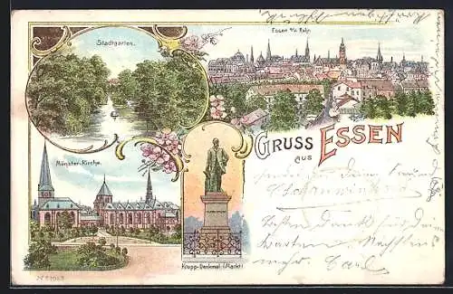 Lithographie Essen a. d. Ruhr, Münster-Kirche, Stadtgarten, Krupp-Denkmal am Markt