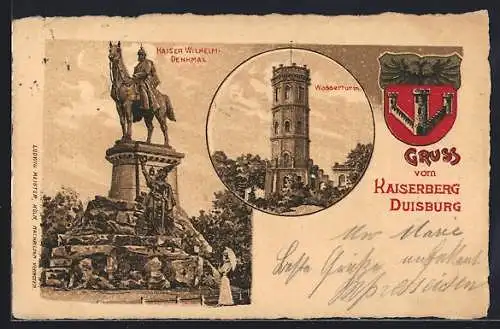 Künstler-AK Duisburg, Wasserturm am Kaiserberg, Kaiser Wilhelm-Denkmal