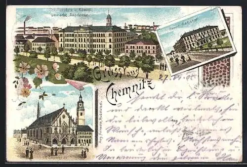 Lithographie Chemnitz, Haupt-Bahnhof, Schillerplatz mit Königl. Gewerbe-Akademie