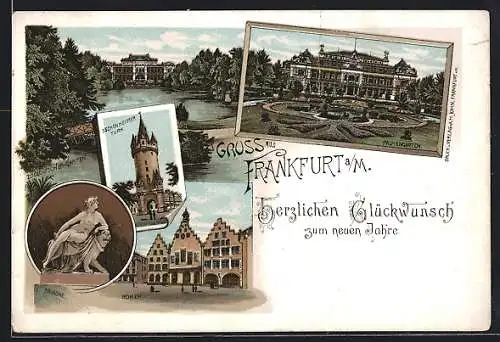 Lithographie Frankfurt a. M., Zoologischer Garten, Römer, Eschenheimer Turm und Palmengarten