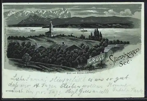 Mondschein-Lithographie Berg / Starnberger See, Blick vom Bismarck-Denkmal