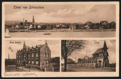 AK Schierstein, Gasthof Tivoli, Neue Schule, Totalansicht