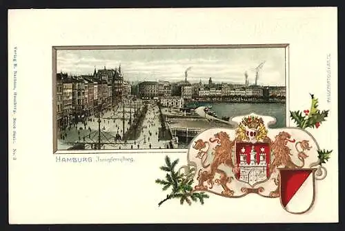 Passepartout-Lithographie Hamburg-Neustadt, Jungfernstieg, goldene Löwen mit Wappen