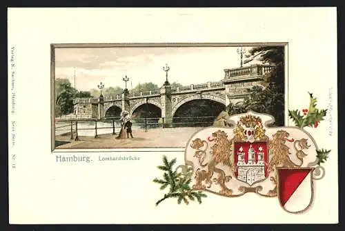 Passepartout-Lithographie Hamburg-Neustadt, Lombardsbrücke und Wappen