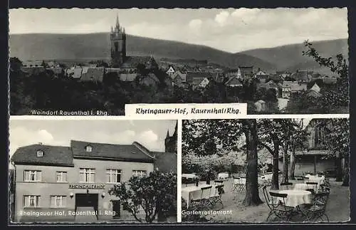 AK Rauenthal i. Rhg., Gasthaus Rheingauer Hof mit Gartenrestaurant, Ortsansicht aus der Vogelschau