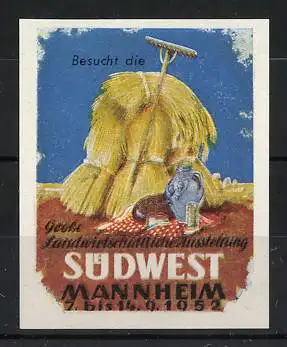 Reklamemarke Mannheim, Besucht die Landwirtschaftliche Ausstellung, Strohhaufen und Krug, 1952