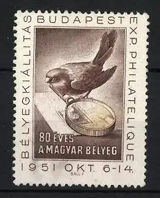 Reklamemarke Budapest, 80 Éves A Magyar Bélyeg, Vogel auf Philatelitischem Beleg, 1951