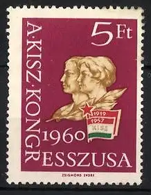 Reklamemarke Budapest, A. KISZ Kongress 1960, Magyar Kommunista Ifjúsági Szövetség, Büsten und Flagge