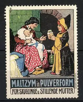 Reklamemarke Maltzym in Pulverform, Mutter und Kind, Münchner Kindl