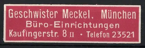 Reklamemarke München, Geschwister Meckel Büro-Einrichtungen, Text auf rotem Hintergrund