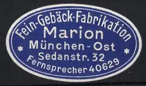 Reklamemarke München, Fein-Gebäck-Fabrikation Marion, ovales Logo