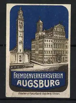 Reklamemarke Augsburg, Fremdenverkehrsverein, Stadtansicht mit Rathaus und Perlachturm