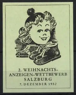 Reklamemarke Salzburg, 2. Weihnachts-Anzeigen-Wettbewerb, Kind mit Schuhen, 7. Dezember 1952