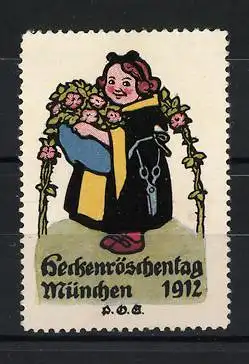 Reklamemarke München, Heckenröschen 1912, Münchner Kindl mit Blumen und Schere