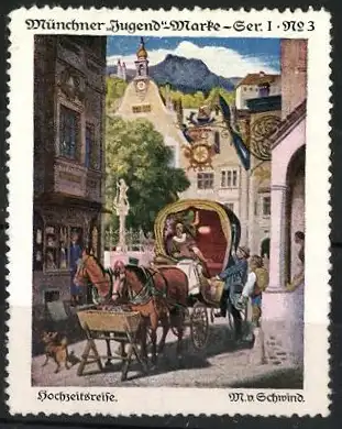 Künstler-Reklamemarke M. von Schwind, München, Hochzeitsreise, Pferdekutsche