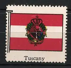 Reklamemarke Tuscany, Flagge mit Wappen, Krone und Lorbeerkranz