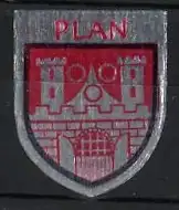 Reklamemarke Plan, Stadtwappen, Burg mit Türmen