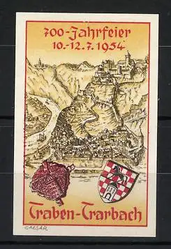 Reklamemarke Traben-Trarbach, 700-Jahrfeier 1954, Stadtansicht und Wappen