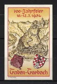 Reklamemarke Traben-Trarbach, 700-Jahrfeier 1954, Stadtansicht und Wappen