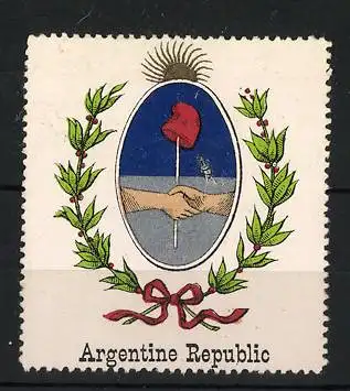 Reklamemarke Argentine Republic, Handschlag mit Phrygischer Mütze, Nationales Wappen