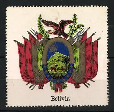 Reklamemarke Bolivien, Staatswappen, Adler und Andenlandschaft